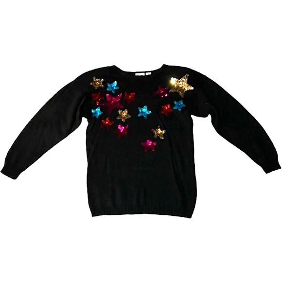 Vintage 90s Jason Maxwell Sequin Star Sweater - NWT Black Rainbow Stars Medium - Picture 9 of 12